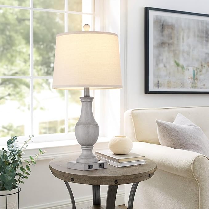 Farmhouse Table Lamps for Living Room, Rustic 26" Touch Control Bedside Lamps with USB A+C Charging Ports & AC Outlet, Vintage 3-Way Dimmable Nightstand Lamp Linen Fabric Shade for Bedroom End Table