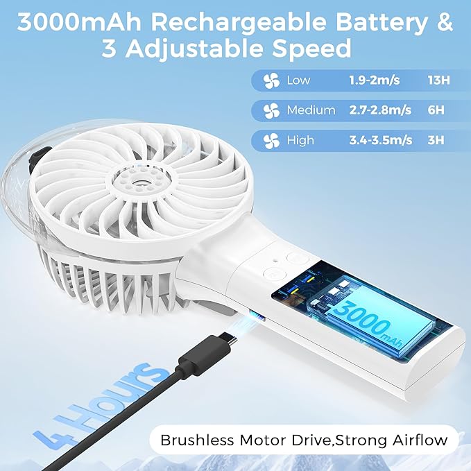 COMLIFE Portable Handheld Misting Fan, 3000mAh Rechargeable Battery Operated, 180° Foldable, Mini Personal Fan with Water Sprayer for Travel, Makeup, Home, Office, Camping, Outdoors