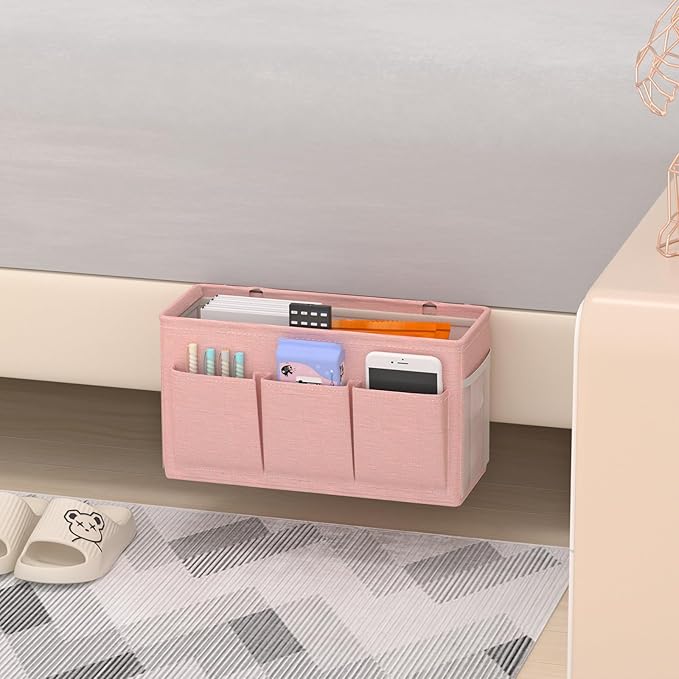Dual-purpose Bedside Caddy Bedside Organizer, Bed Caddy with 6 Pockets, Versatile Bedside Storage Solution Magazine Remotes holder, ideal for Home, Dorm, Hospital, Crib Bed (Pink)