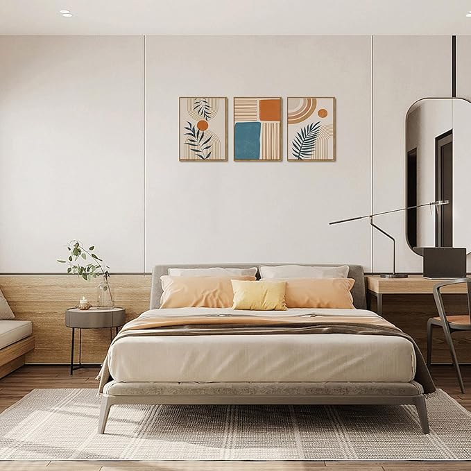 Bwodke Framed Boho Canvas Wall Art Mid Century Modern Prints Set of 3 Neutral Geometric Line Leaf Paintings Decor Minimalist Abstract Pictures Bedroom Living Room Bathroom