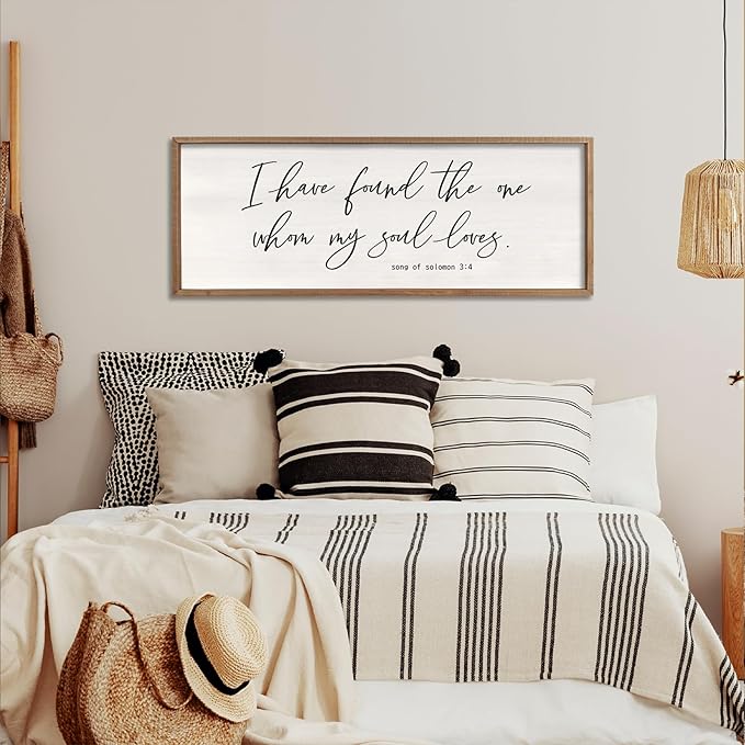 I Have Found The One Whom My Soul Loves Sign Wall Art Decor 32"x12" Modren Master Bedroom Above Bed Wood Framed Song of Solomon 3:4 Large Living Room Bible Verse Wall Hanging (Wood)