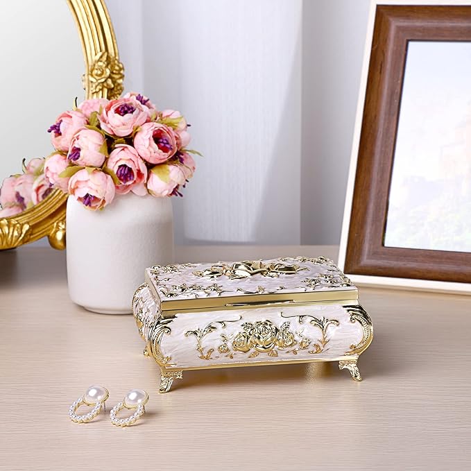 ELLDOO Vintage Music Box, Beige Metal Musical Jewelry Box Keepsake Box, Small Trinket Jewelry Storage Box Gift for Girl Women (Tune: You are My Sunshine)