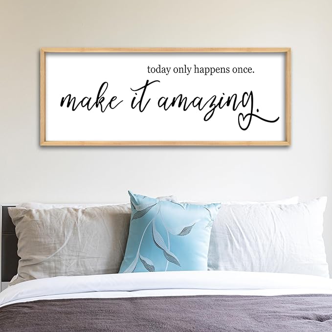 Inspirational Wall Art Today Only Happens Once Make It Amazing Sign 40"×15" Motivational Quote Farmhouse Positive Decor for Home Office Living Room Large Wood Framed Hanging (Wood)