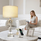 Scenekoy Vintage Table Lamp Set of 2 for Bedroom Living Room, 26.75” Silver Leaf Sculptural Night Stand Bedside Lamps with USB Ports, Rustic Nightstand Lamp Line Shade for Home Decor (Bulbs Included)