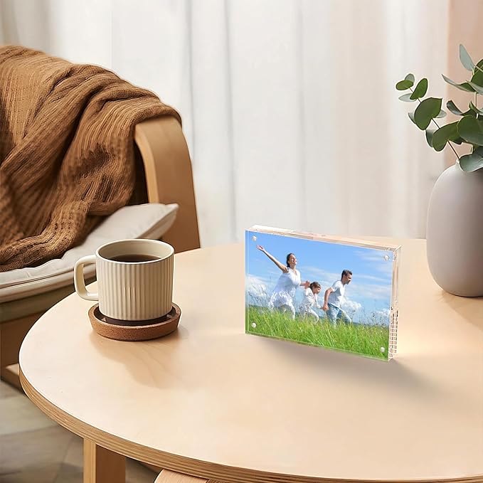 Picture Frame, 3 Pack 4x6 Acrylic Magnetic Photo Frame, Clear Double Sided Free Standing Lucite Frameless with 20% Thicker Block, Transparent Tabletop Display for Gift
