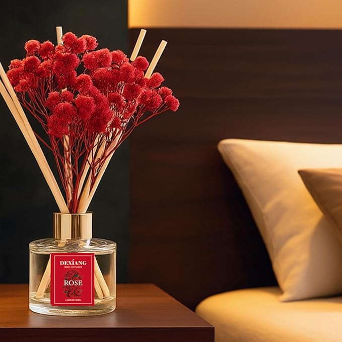 Reed Diffuser Set - 3.38 fl oz （100ml） Rose Home Fragrance Reed Diffuser for Bathroom Shelf Decor 6 Reed Stick