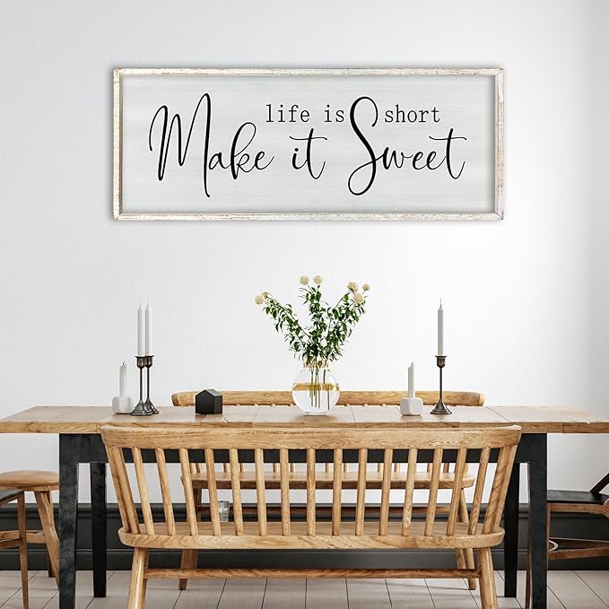 ZZJJHYWGQ Life is Short Make It Sweet Sign Wall Decor 32"×12" for Bedroom Family Lnspirational Quote Large Wood Framed Wall Hanging Art (White)