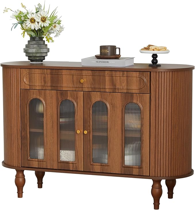 47'' Fluted Sideboard Buffer Cabinet with Drawer, Modern Credenza Storage Cabinet, Bar Cabinet Console Table with Tambour Sliding Side for Living Dining Room Kitchen Hallway Entryway, Walnut