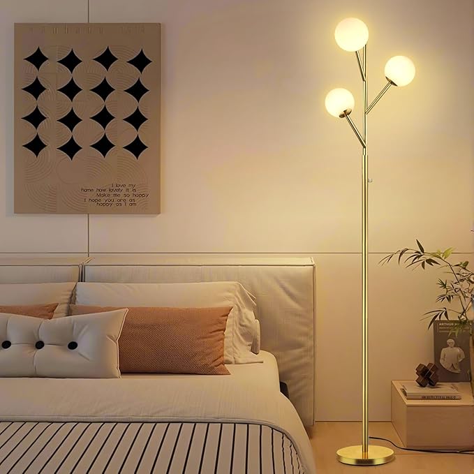 70in Gold 3-Globe Mid Century Dimmable Floor Lamp for Living Room G9 LED Bulbs Included,Modern Standing Lamp with Frosted Glass Shade for Bedroom,Studyroom Antique Brass Lighting(dimmer-Gold)