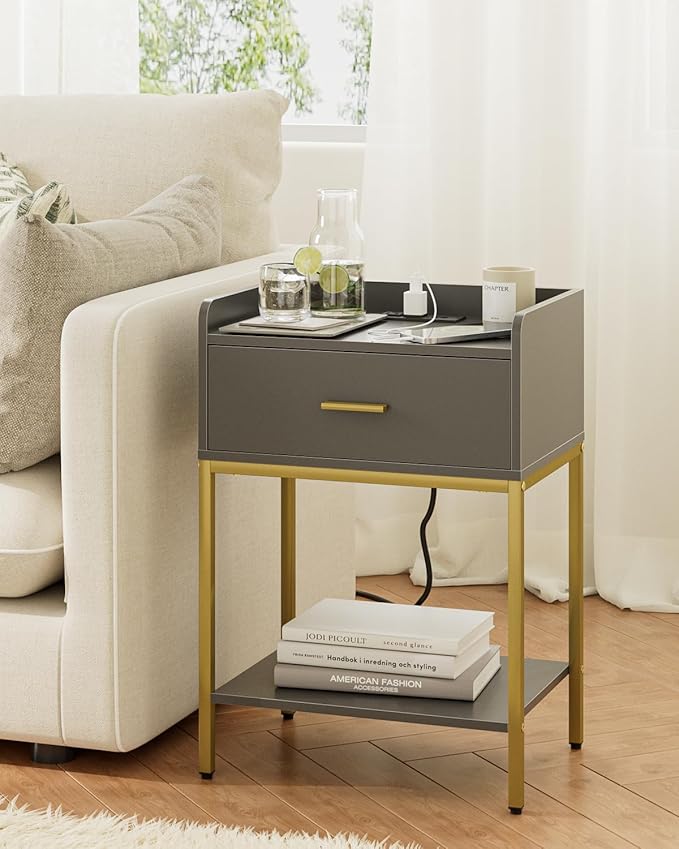 Masupu Nightstand with Charging Station,3-Tier Modern Bedside Night Stand with Storage Drawer and Shelf,Small End Side Table for Bedroom,Living Room,Grey