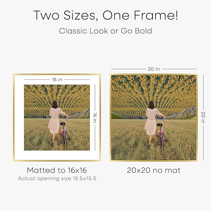 Homeforia 20x20 Picture Frame Gold, High End Metal 20 x 20 Square Poster Frame with Mat 16 x 16 Photo, 20x20 Frame Matted to 16x16 Print, 20by20 Gold Hanging Frames, Tempered Glass, Wall Kit, Set of 1