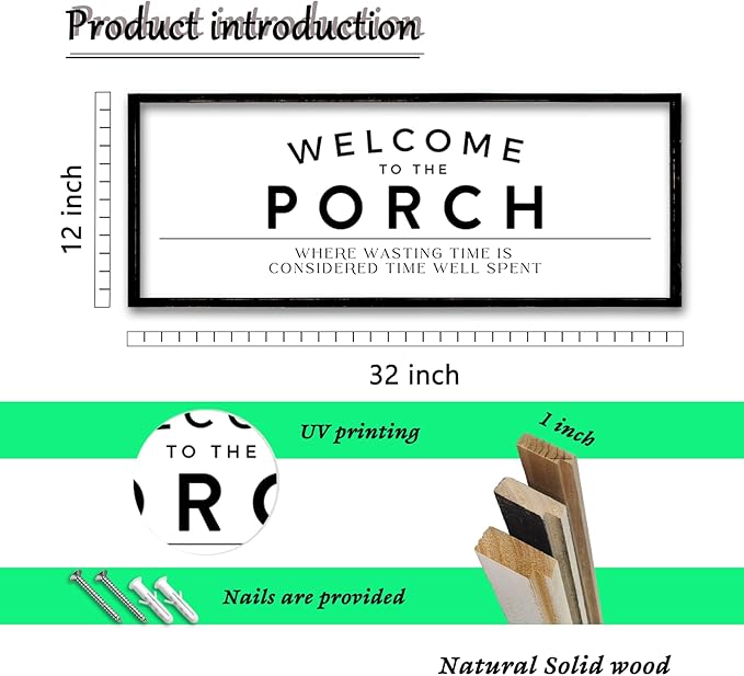 ZZJJHYWGQ Welcome to the Porch Sign 32"×12" Home Hallway Wall Decor Wasting Time Is Considered Time Well Spent Horizontal Family Entryway Wood Framed Art (Black)