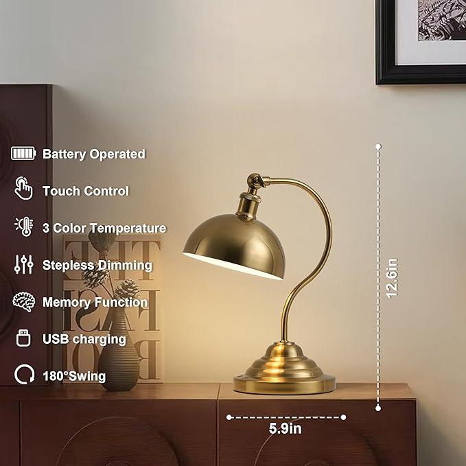 Cordless LED Table Lamp Set of Two, Swing Arm Desk Lamp, Rechargeable, Dimmable/3 Color/Memory Function, Modern Rechargeable Table Light for Living Room,Bedroom,Bedside, Brass