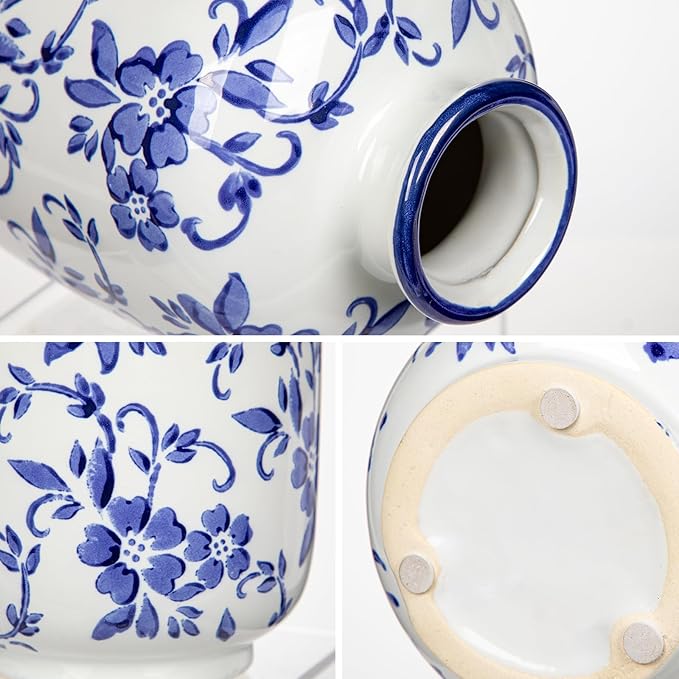 Hollyone Blue and White Porcelain Vase Large Chinoiserie Floral Vintage Tall Blue Ceramic Vases for Home Mantle Shelf Living Room Table Centerpieces Decor, 7.3 Inch