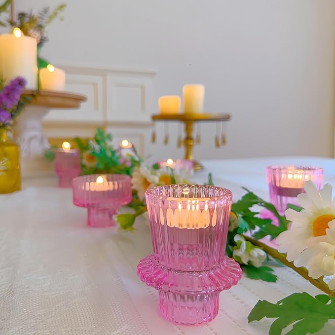 Double Sided Vintage Ribbed Taper Glass Candle Holders,Tea Candle Holder for Table Centerpieces, Wedding Decorations and Dinner Parties (Pink, 3 PCS)