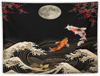 Houselerax Koi Fish Tapestry, Japanese Style Yin Yang Big Wave Cherry Blossom Tapestries Wall Hanging for Bedroom Living Room Office Decor 40"x30"