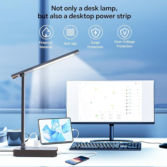 LAOPAO Desk Lamp with USB Charging Port: Power Strip with Surge Protection - 1 Type-C, 1 USB-A Charging Port, 2 AC Power Outlets, Desk Lamps for Home Office College Dorm Room Essentials