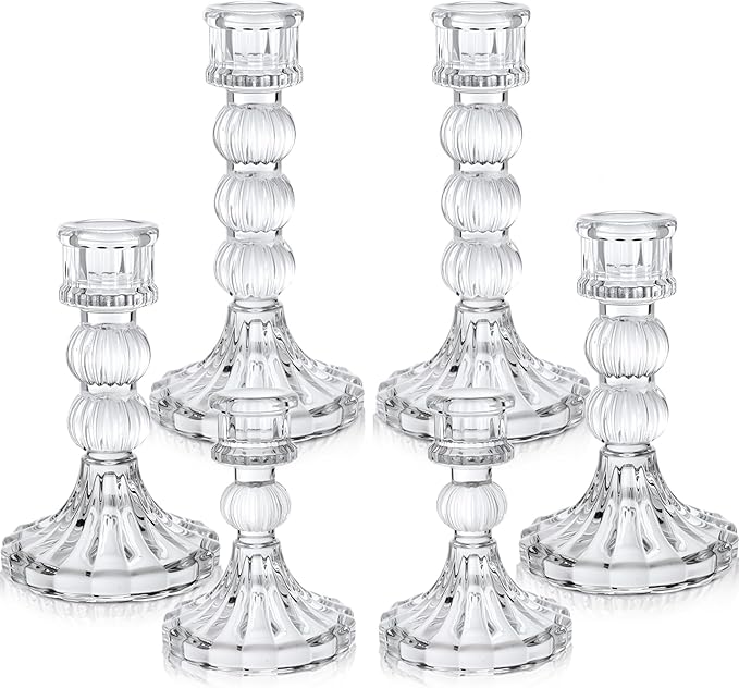 Mumufy 6 Pack Glass Taper Candle Holders Clear Candlestick Holder Fit 0.8 Inch Candles 4'' 6'' 8'' Tall Crystal Decorative Candlestick Stand Centerpiece for Table Wedding Dining Party (Vertical)