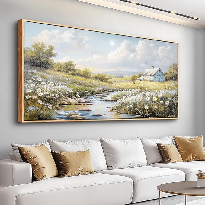 PHAOHUAXM Wall Art For Living Room Large Canvas Wall Decor For Bedroom Flower Watercolour Painting Office Decoration Countryside Scenery Mural Artwork Ready To Hang Home Decor 24x48 In Wood Framed