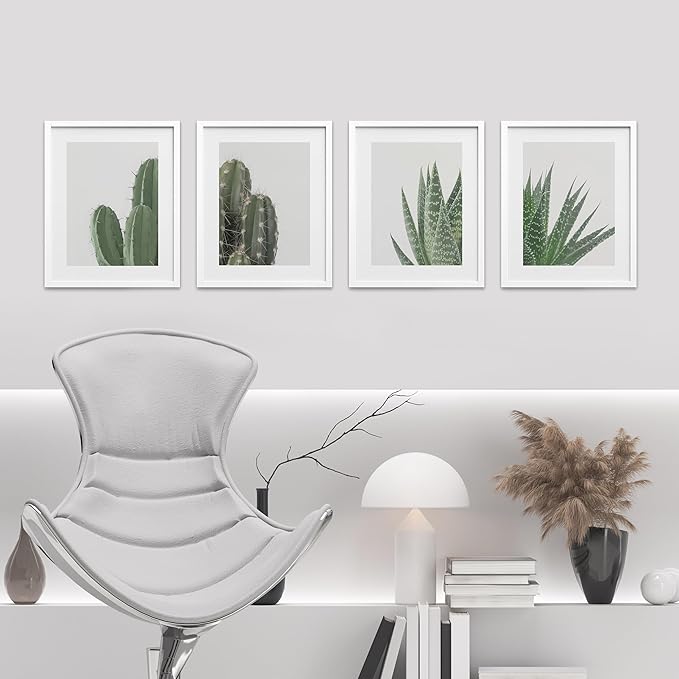 SIGNWIN Framed Green Cactus Snake Plant Wall Art, Set of 4 Collage Desert Landscape Wall Decor Prints, Nature Wilderness Wall Décor for Living Room, Bedroom - 11"x14"White