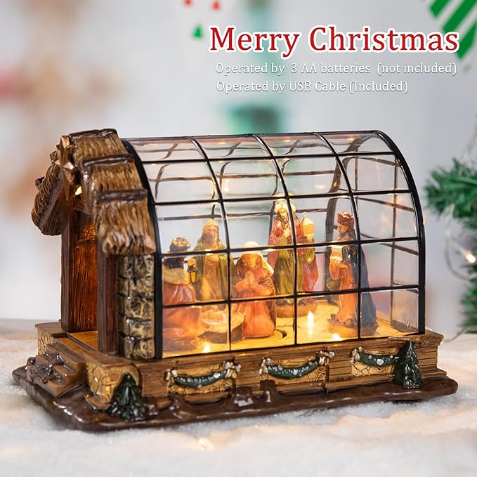 VCUTEKA Christmas Village Collectible Building, Animated Christmas Village Greenhouse Musical Village Perfect Addition to Your Xmas Indoor Decorations or Holiday Displays, Brown