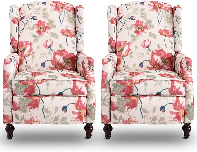 Upholstered Wingback Recliner Chair, Traditional Push Back Recliner with Padded Seat, Fabric Floral Recliner Wingback Chair, Mid Century Modern Wingback Chairs for Living Room (2,Red Floral)
