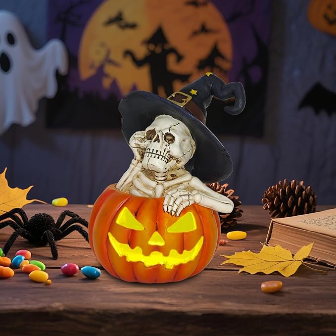 Skeleton Halloween Indoor Decoration: 6.1'' Witch Hat Skeleton Ornament with Solar Pumpkin for Home Fireplace Office Party Perfect Figurine Gift for Gothic Lovers