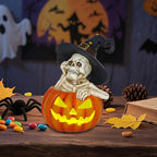 Skeleton Halloween Indoor Decoration: 6.1'' Witch Hat Skeleton Ornament with Solar Pumpkin for Home Fireplace Office Party Perfect Figurine Gift for Gothic Lovers