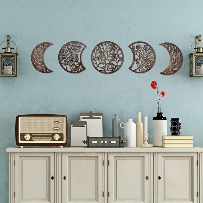 Jetec 5 Pcs Moon Phase Wall Art Decor Wall Pediments Hanging Wooden Moon Phase Spiritual Bedroom Nordic Boho Lunar Aesthetic Art for Living Room Dorm Apartment Bar Ornament(Dark Brown,15.75 Inch)