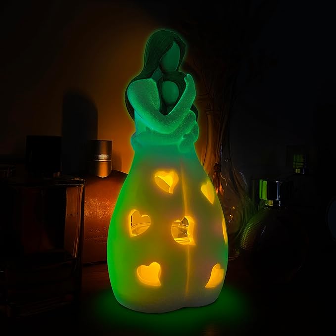 Mother-Daughter Glow in The Dark Candle Holder Statue with Flickering LED Candle | Hand-Painted - Unique Gifts for Mother's Day, Christmas, Birthday | Greeting Card Included