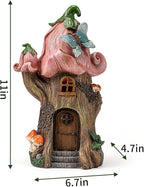 Fairy Garden Accessories Outdoor Statues, Mushroom House Decor,Large Gnome Solar Powered Lights Sculptures,Pink Resin Figurine Butterfly Figurines Lawn Ornaments for Patio Yard Decorations 11Inch