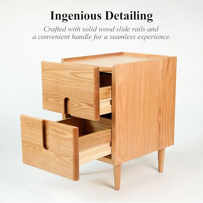 Narrow Nightstand, Mid Century Modern Nightstand, Solid Wood Bedside Table, Side Table witn Drawers (Natural, 11.81inches)