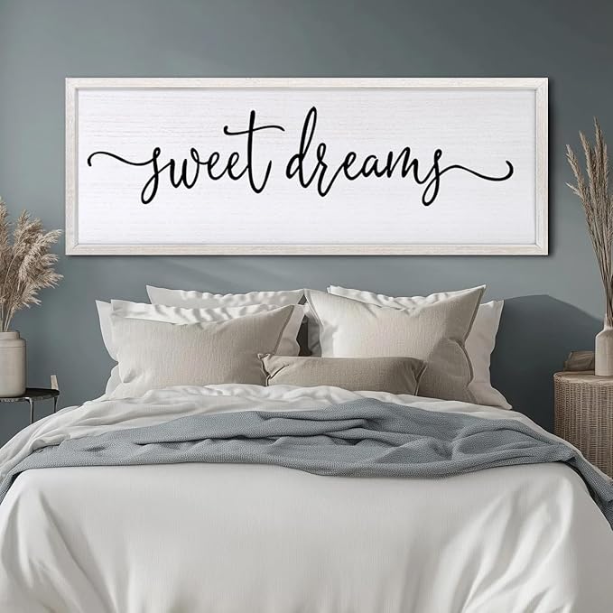 Sweet Dreams Over Bed Wall Decor 32"×12" for Master Bedroom Above Bed Wood Framed Wall Art Sign (White)