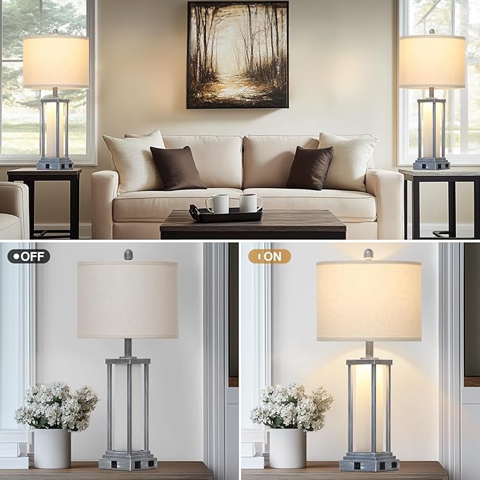 27" Tall Vintage Table Lamp Set of 2 with USB C+A & Outlet,Gray Nightstand Lamp for Living Room,Retro Bedside Lamps with Frosted Glass Night Light for Bedroom Entryway,Grey