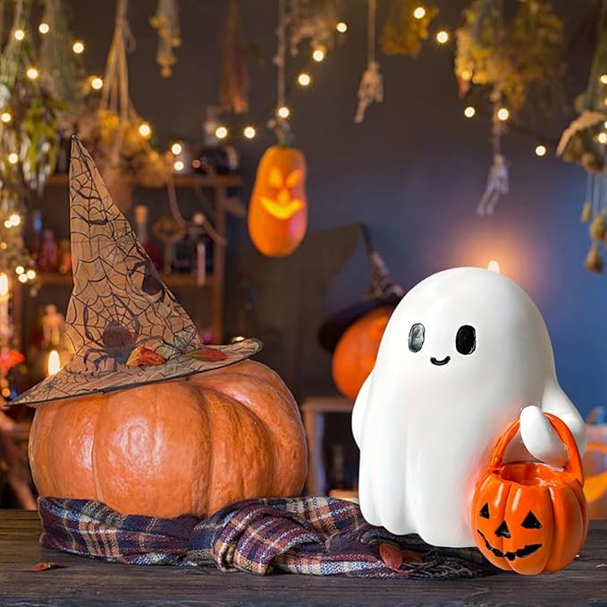 1 Pcs Halloween Ghost Figurine Resin Cute Sculpture Mini Statue Table Ornament Halloween Decorations Indoor Small White Spooky Pumpkin Ghost Decor Figurines for Table Desk Tray Shelf Bedroom