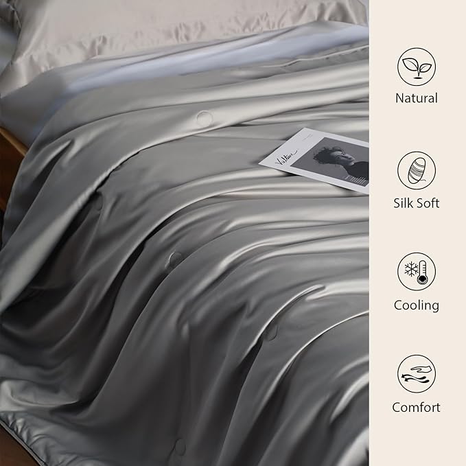 EP Mode Mulberry Silk Filled Quilt with 100% Viscose from Bamboo Fabric, Natural Lightweighted Cooling Comforter (Light Grey, Queen 88” X 88”)