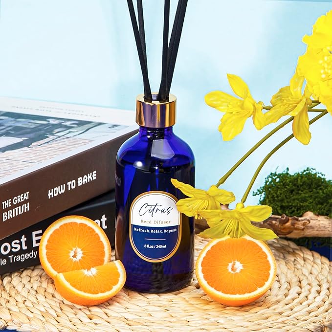 8 OZ Reed Diffusers Set Citrus, Luxury Scented Room Fresheners with 6 Reed Sticks, Luxury Blue Glass Bottle for Bathroom Office Shelf Decor