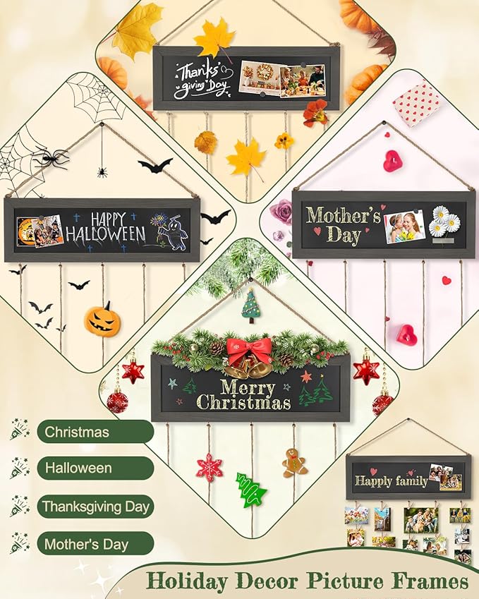 Bikoney Picture Frames Collage Photo Hanging Display Picture Board Wood Rustic Frames for Wall Decor with Blackboard and 30 Clips Weathered Grey