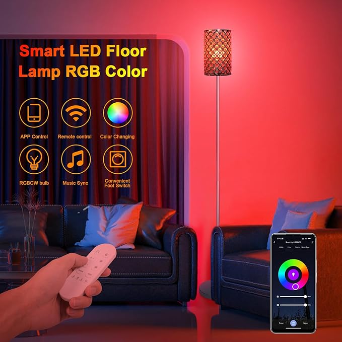Crystal Floor Lamp,LED Modern Tall Light Standing Lamp, RGB LED Floor Lamp with On/Off Foot Switch Silver Tall Pole Lighting for Bedroom Remoter &APP Control Stepless Dimmable (E26 Base)