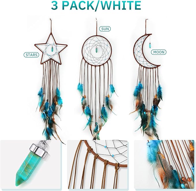 Jetec 3 Pcs Dream Catcher Moon Sun Star Design Handmade Traditional Craft Ornament Wall Hanging Home Decoration Bedroom Wedding Halloween Christmas Decorations(Dark Blue)