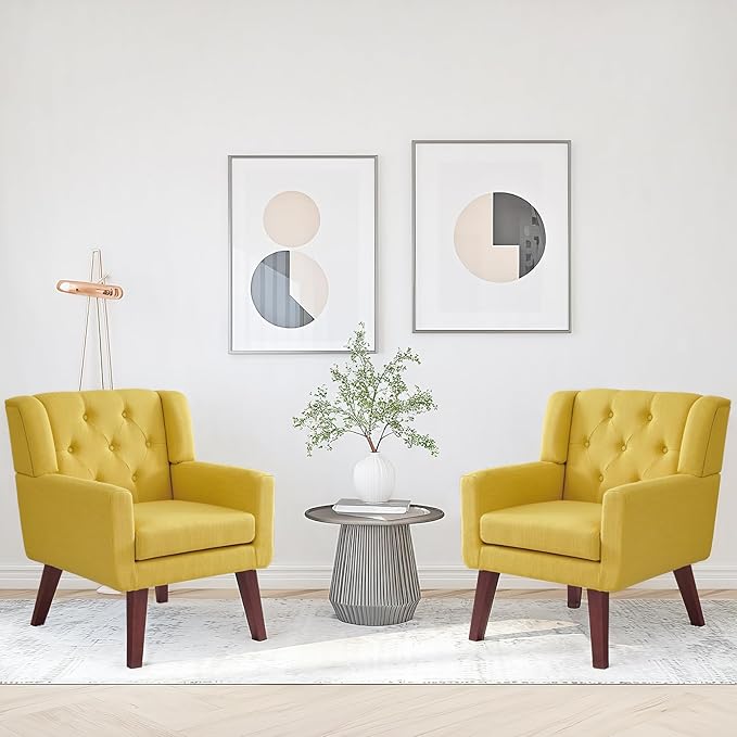 Accent Chair Button-Tufted Upholstered Living Room Chairs Comfy Reading Chair Mid Century Modern Chair with Linen Fabric Lounge Arm Chairs for Living Room Bedroom (Bright Yellow)