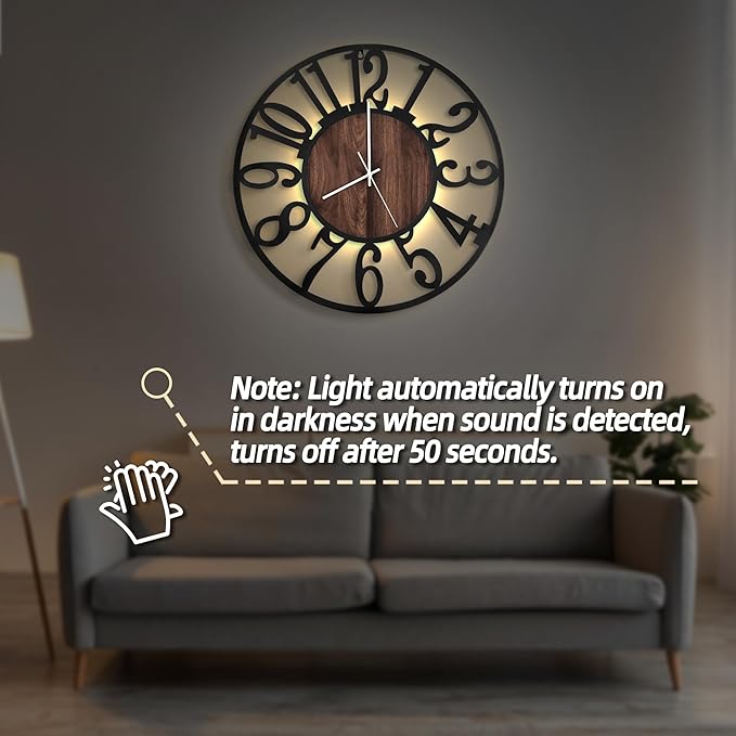 LEIKE Large Wall Clocks with Night Light Battery Operated,Silent Non Ticking,Rustic Modern Big Wood Clock for Living Room, Bedroom,Kitchen,Farmhouse,Office,Home Decor-20 Inch(Black-Arabic Number)