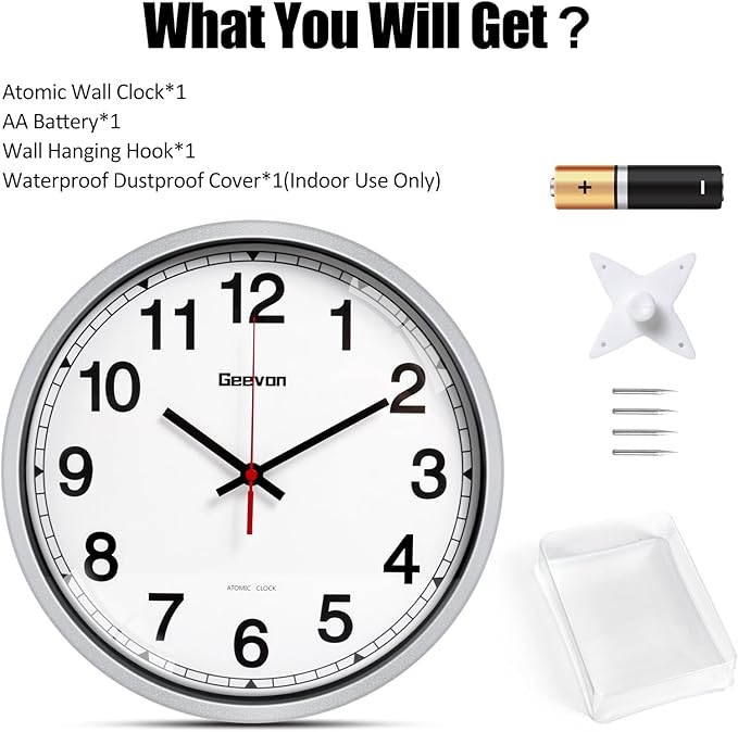 Geevon Atomic Wall Clock 14 Inch, Atomic Analog Wall Clocks Battery Operated, Large Digits Automatic Clock for Kitchen/School/Classroom/Bedroom/Living Room (Silver Frame)