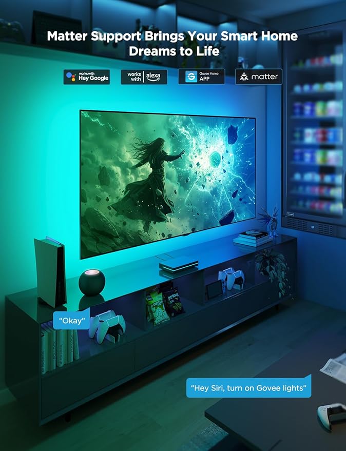 Govee HDMI 2.1 Sync Box 2, AI Sync Box with TV Backlight, Supports 8K@60Hz, 4K@144Hz, VRR and ALLM, Works with Matter and Alexa, RGBIC LED Light Strip for 75-85 inch TVs, 75 LEDs/m