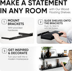 Homeforia Floating Black Shelf 60 inch, High End Solid Real Wood 60 inches Long Floating Shelves for Wall, Black Wooden 60inch Large Floating Shelves, Heavy Duty Bracket, 60 X 6.5 X 1.75 in, Set of 3