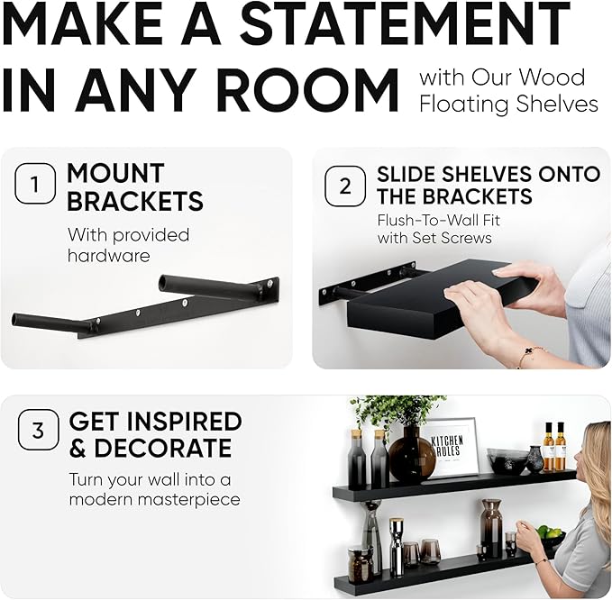 Homeforia Floating Black Shelf 60 inch, High End Solid Real Wood 60 inches Long Floating Shelves for Wall, Black Wooden 60inch Large Floating Shelves, Heavy Duty Bracket, 60 X 6.5 X 1.75 in, Set of 3