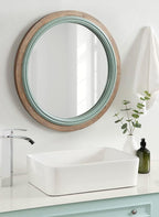 Kate and Laurel Palmer Rustic Farmhouse Round Wooden Mirror, 26 Inch Diameter, Blue and Rustic Brown, Modern Circle Decorative Wall Mirror with Paint Distressing