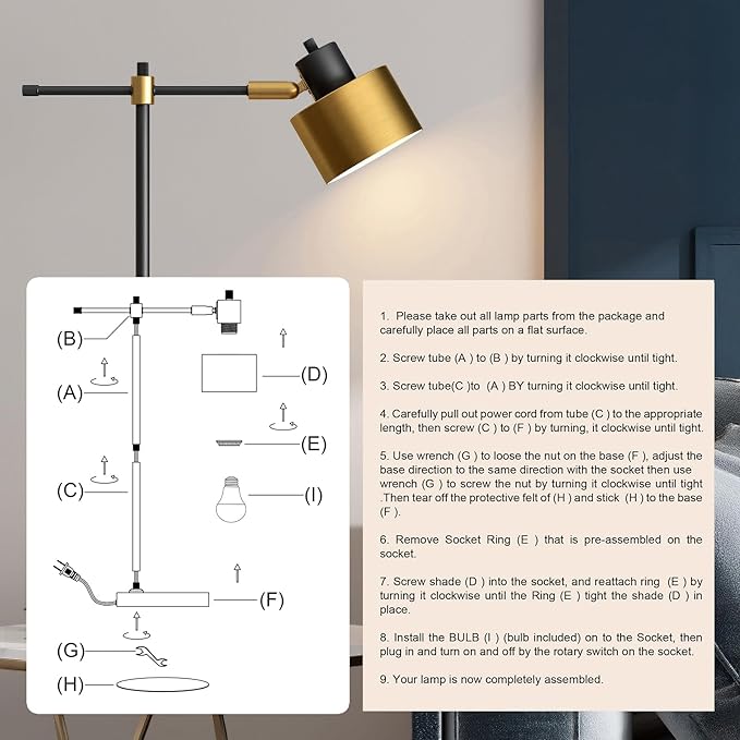 OYEARS 22.2“ Modern Industrial Desk Lamp for Reading LED Metal Table Lamp Light for Office Bedroom Study Room Living Room Nightstand Bedside Lamps Gold and Matte Black Accent Finish (Bulb Included)