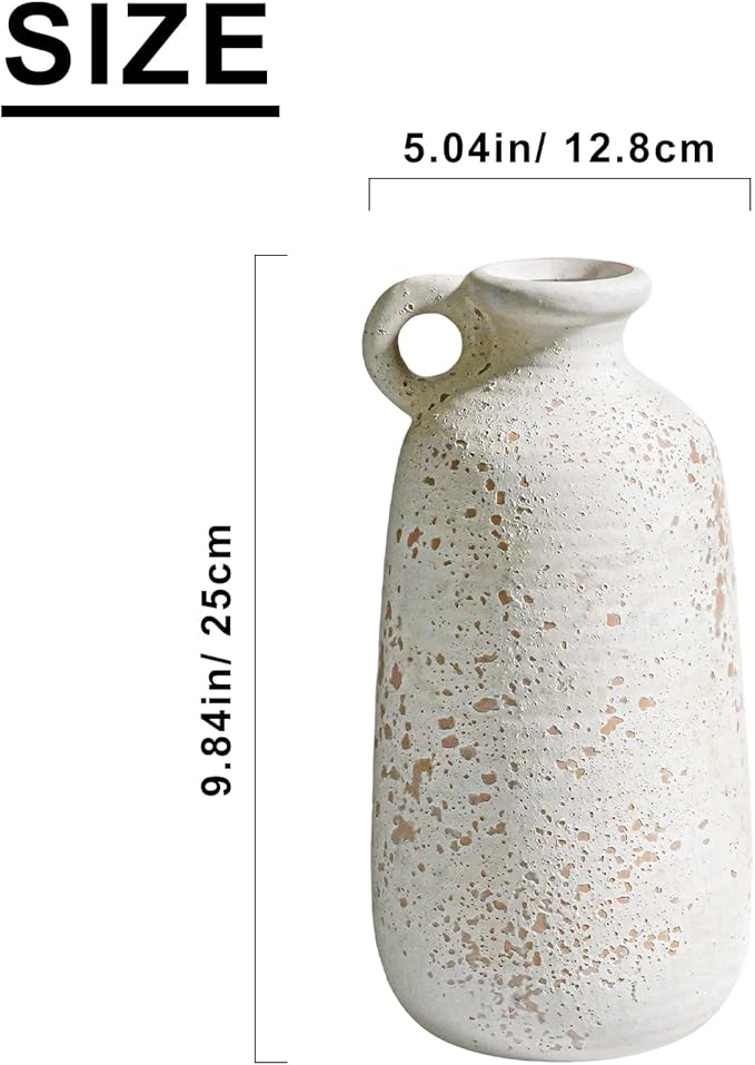 Sunddo White Ceramic Vase, Rustic Farmhouse Decorative Vase with Handle, Farmhouse Decor, Centerpieces Entryway Shelf Living Room Table Decor 10 inch