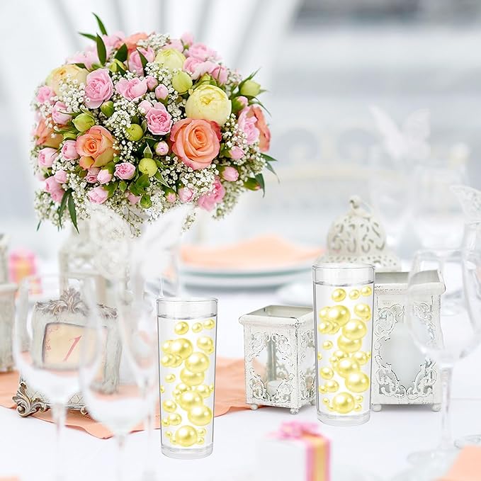 100PCS Light Yellow Faux Pearls Beads for Centerpiece Vases, Vase Filler Faux Pearls, No Holes Filler Beads for Easter Party Anniversary Birthday Wedding Table Decor, 14/20/30mm